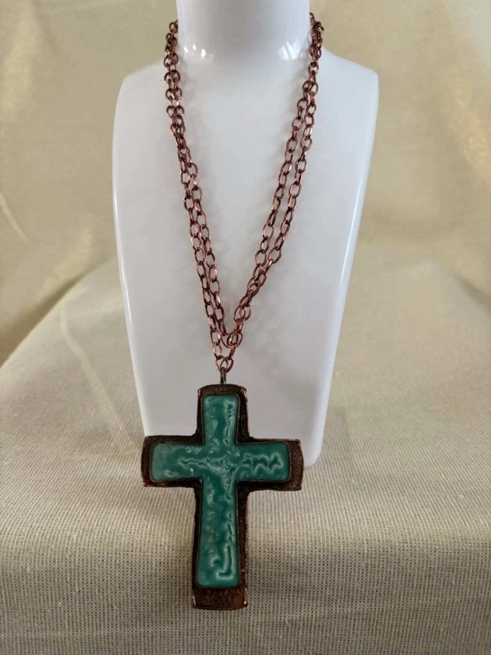 Copper Turquoise Cross Pendant Long Chain Necklace